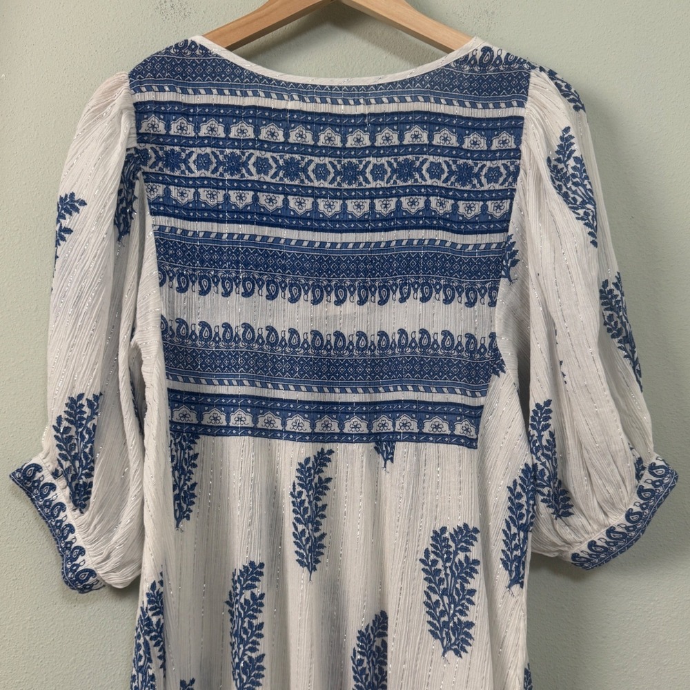 Daughters of India Mishka‎ Dress Blue White Boho Metallic Lurex Mini Size L NEW - Picture 7 of 12